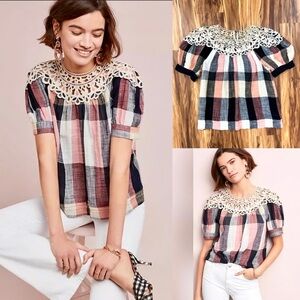Anthropologie Plaid Swing Top with Crochet Collar Detail